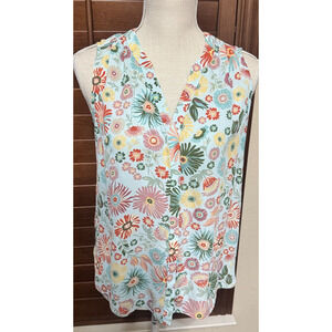 NYDJ Blouse XS Mint green Floral Print Pleated Back Top Pintuck Button-Up Career